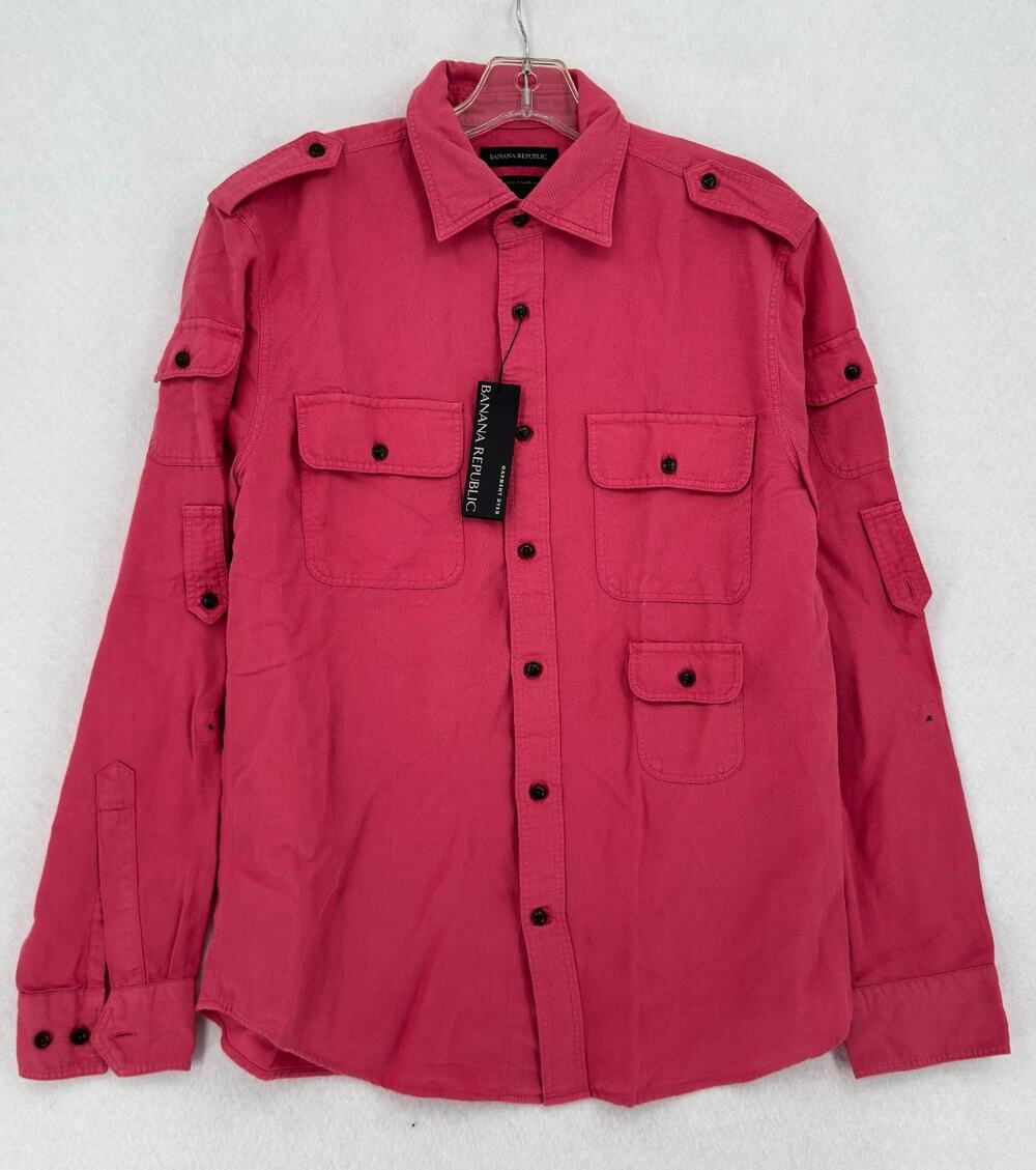 Banana Republic Archive Safari Mens Deep Pink Linen Blend Utility Shirt Sz S NEW